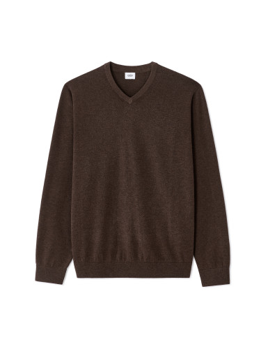 Кафяв памучен пуловер с V-образно деколте