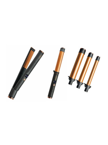 Комплект преса и маша за коса Carrera Classic 21291112, 40/55W, Бързо заграване, 6 температури, 3 конуса, LED Дисплей, Черен/Кафяв