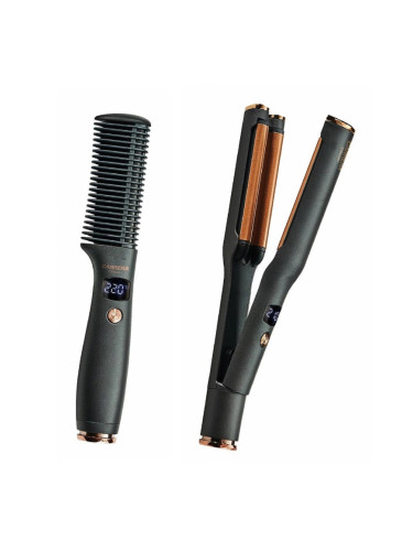 Комплект електрическа четка и ретро преса Carrera Classic 21291122, 40/55W, Бързо заграване, 6 температури, LED Дисплей, Черен/Кафяв