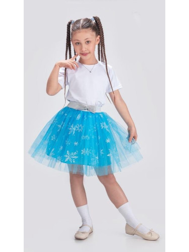 Детска пола за момиче от тюл с блясък и снежинки в синьо Радост