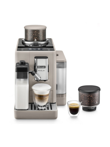 Еспресо машина DeLonghi Rivelia Sand Beige EXAM440.55.BG, 1450W, 19 bar, 1.4l, Тъчскрийн TFT, Twin Shot, Bean Adapt, LatteCrema Hot, 17 напитки, Бежов