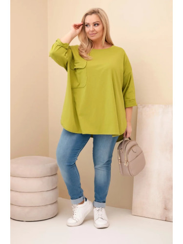 Kesi Włoski Women's Plus Size blouse with cotton, featuring a pocket and rolled sleeves olive green