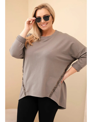 Kesi Plus Size women's cotton blouse with rolled-up sleeves and leopard print piping fango