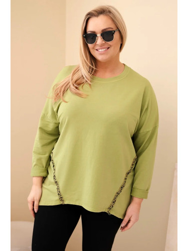 Kesi Women's Plus Size cotton blouse with rolled-up sleeves and leopard print trim olive