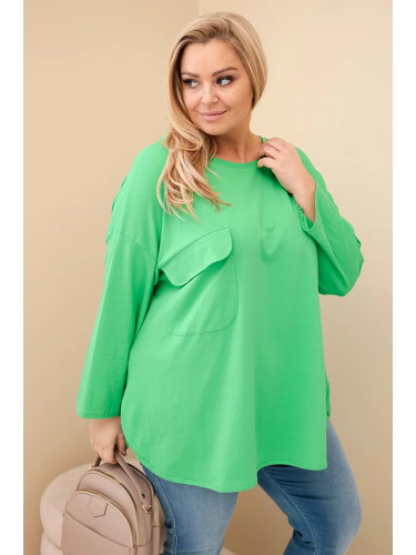 Kesi Włoski Women's Plus Size blouse with cotton, pocket, and rolled sleeves light green