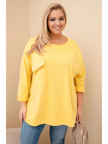 Kesi Włoski Women's Plus Size blouse with cotton, pocket, and rolled-up sleeve yellow