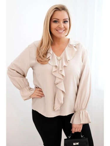 Kesi Plus Size women's viscose blouse with frill and decorative brooch beige