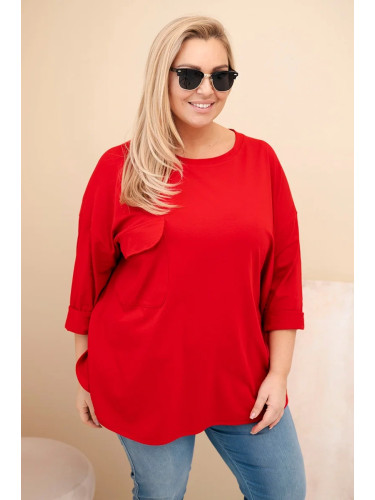 Kesi Włoski Women's Plus Size blouse with cotton, pocket, and rolled-up sleeve red