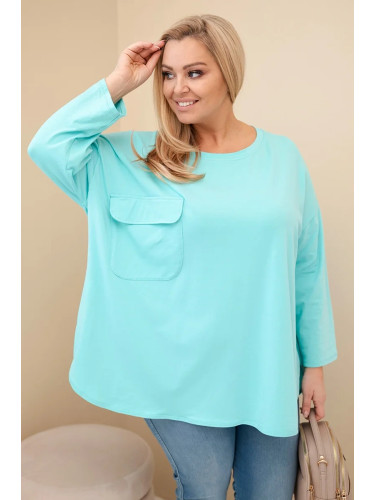 Kesi Włoski Women's Plus Size blouse with cotton, featuring a pocket and rolled-up sleeves mint green