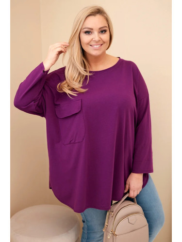 Kesi Włoski Plus Size women's blouse with cotton, pocket, and rolled-up sleeve dark purple