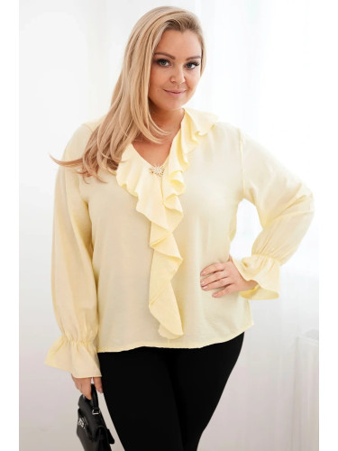 Kesi Women's plus size viscose blouse with ruffle and decorative brooch yellow