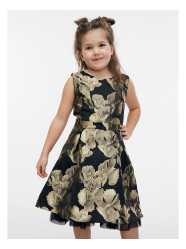 Рокля с флорален принт за момиче в златисто и черно