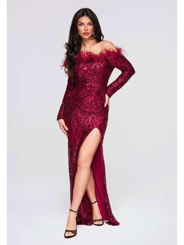 Вечерна макси рокля с пайети и пера