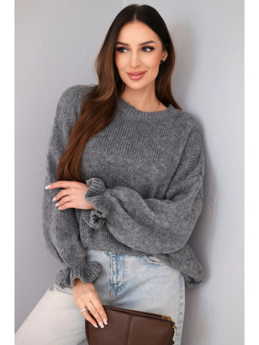 Дамски пуловер от мохер и вълна, свободна кройка, сив