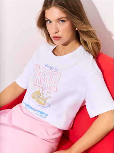 Mohito - Памучна тениска с принт - бяло