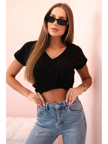 Дамска памучна блуза с V-образно деколте, черна