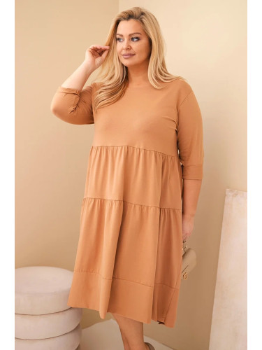 Kesi Włoski Plus Size women's cotton dress with ruffles and rolled-up sleeves camel