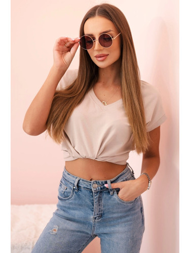 Дамска памучна блуза с V-образно деколте, бежова