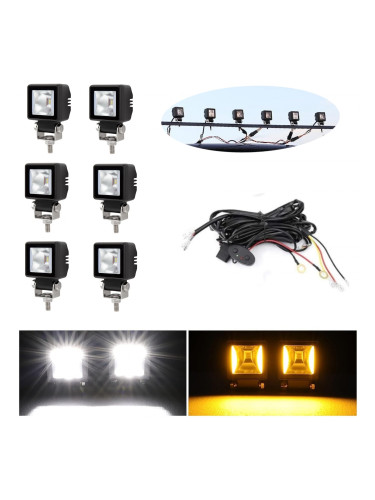 Комплект от 6 броя Лед LED Халогени Лампи с окабеляване Бяла Flood + Оранжева DRL Светлина 12V - 24V за Off Road 4X4 SUV джип мотор автомобил камион г