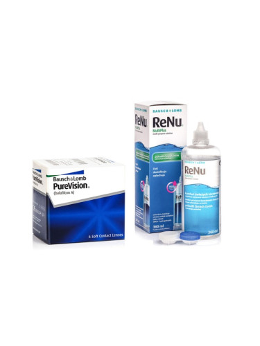 PureVision (6 лещи) + ReNu MultiPlus 360 ml с кутия - контактни лещи за продължително носене, силикон-хидрогелови опаковки сферични и асферични, Balafilcon A