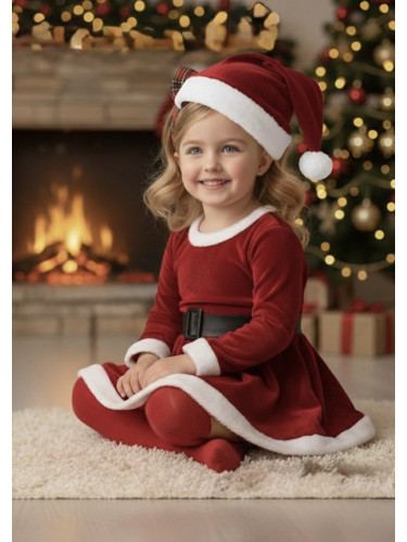 Детска коледна плюшена рокля в червено с колан и коледна шапка