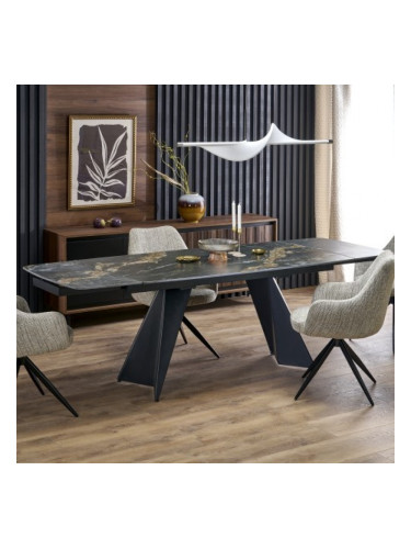 Трапезна маса Мебели Богдан модел Armani, разтегателна, черен мрамор/черно