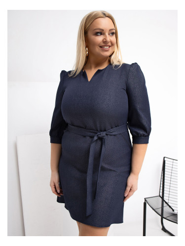 Рокля с големи размери и колан, тъмносиня