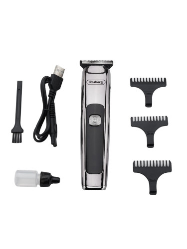 Тример за коса и брада Rosberg Premium RP51810G, 3W, Безжичен, 100 мин автономия, USB, Инокс/черен
