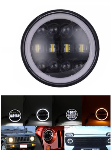 Универсален 7 инча 18см ЛЕД LED фар лампа халоген 12V-24V къси/дълги с DRL дневни светлини мигач бяло-жълто 4800lm за АТВ джип мотоциклет камион тракт