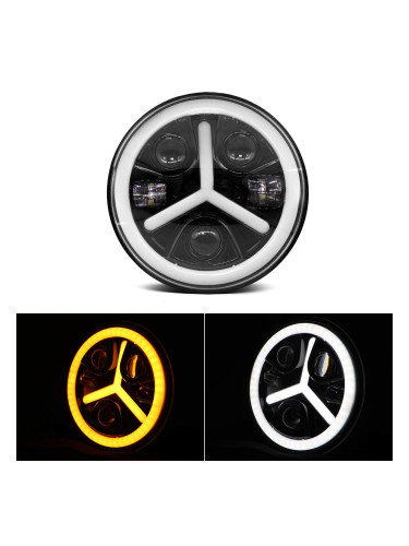 Универсален 7 инча 18см ЛЕД LED фар лампа халоген 12V-24V къси/дълги с DRL дневни светлини мигач бяло-жълто 7000lm за АТВ джип мотоциклет камион тракт