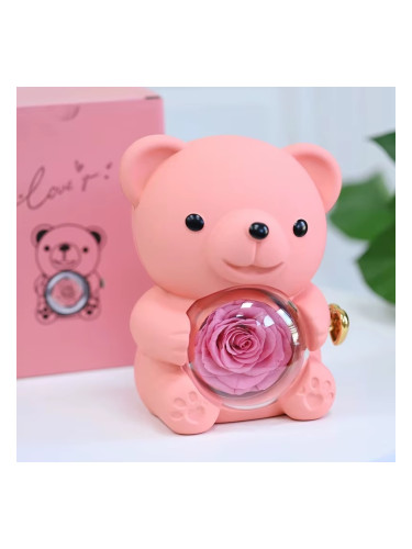 Луксозна кутия за подарък – Въртящо се мече с роза в прасковен цвят