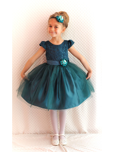 Официална детска рокля Златина в зелено с дантела и тюл с голяма панде
