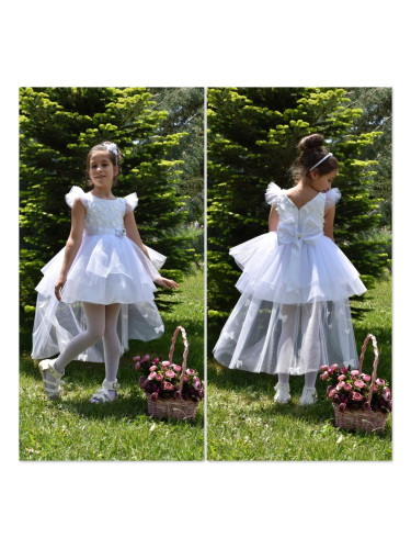 Официална детска рокля Ани в бяло с голяма панделка с 3D пеперуди и тю