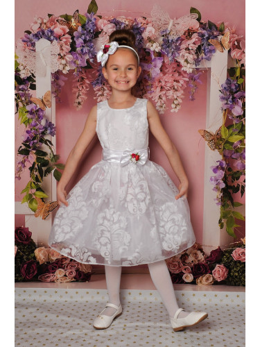 Официална детска рокля без ръкав в бяло на цветя 177Б