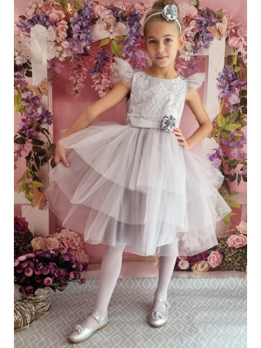 Официална детска рокля с къс ръкав в сиво с тюл 288СЖ