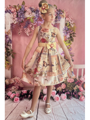 Официална детска рокля без ръкав в златисто на нежни цветя 240ЗБ