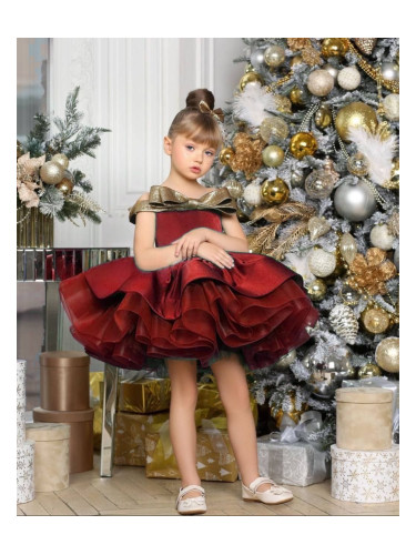 Официална детска коледна рокля от богат тюл и сатен без ръкав в червен