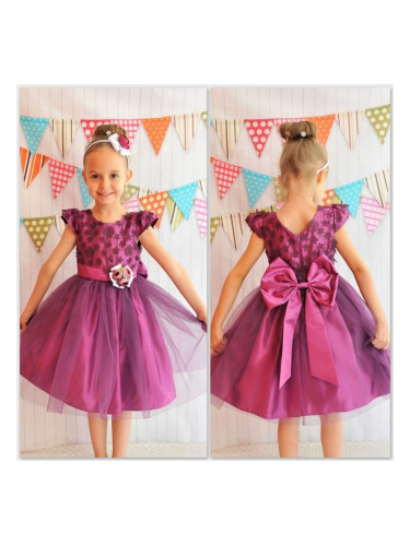 Официална детска рокля Биянка в циклама с 3D цветя и тюл