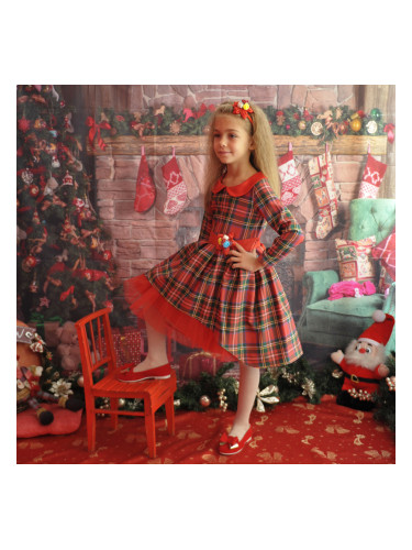 Официална детска рокля Карена в каре с дълъг ръкав и тюл Карена