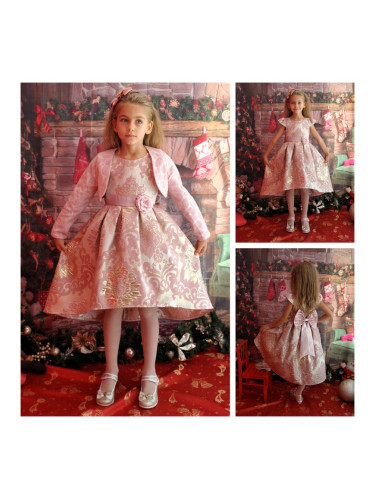 Официална детска рокля в пепел от рози с голяма панделка отзад с болер