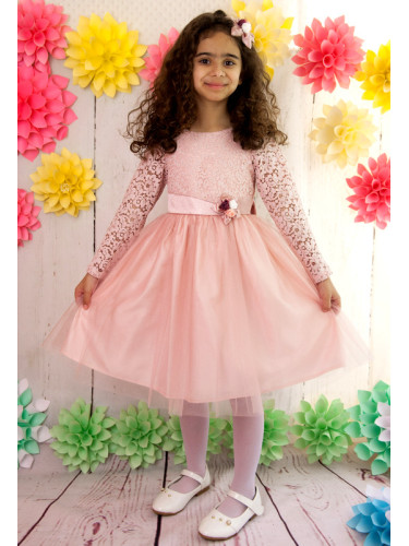 Официална детска рокля с дълъг ръкав с дантела и тюл в пепел от рози с