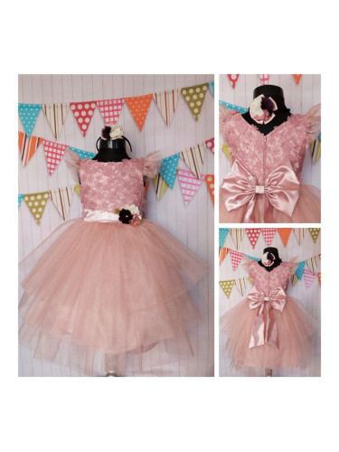 Официална детска рокля Зори с голяма панделка отзад, с 3D пеперуди и с