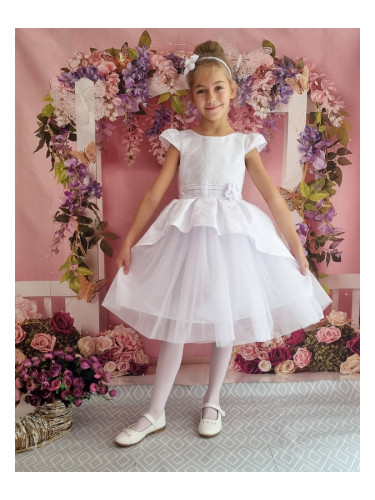 Официална детска рокля в бяло с къс ръкав и тюл 379БЖ