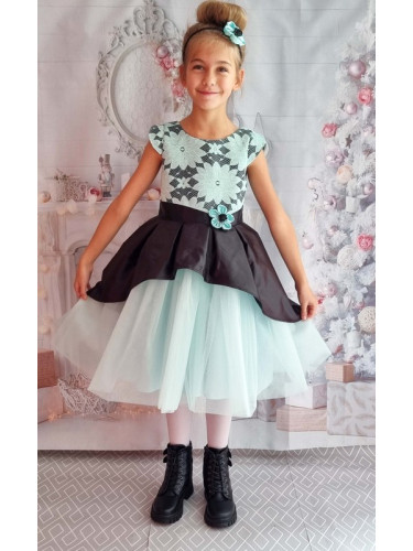 Официална детска рокля с къс ръкав в тюркоаз/мента и черно на цветя с 