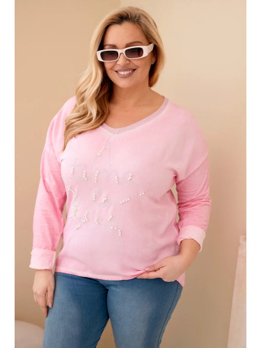 Блуза с големи размери с щампа и перли