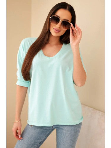 Kesi Włoski Women's cotton blouse with a V-neck and long sleeves mint