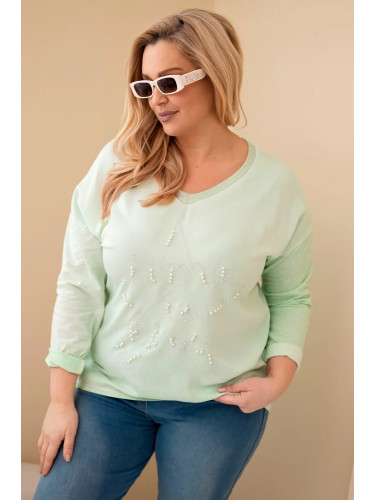 Kesi Włoski Plus Size women's blouse distressed with lettering and pearls mint