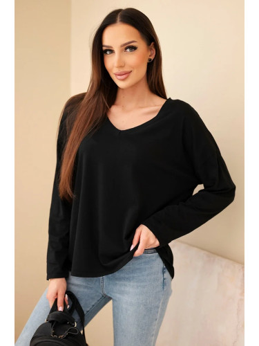 Kesi Włoski Women's cotton blouse with a V-neck and long sleeves black