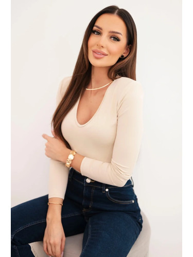 Kesi Włoski Women's blouse with a V-neck and long sleeves beige