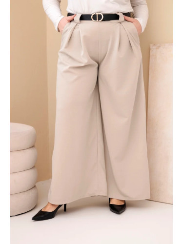 Kesi Włoski Plus Size women's viscose pants with wide legs and belt beige